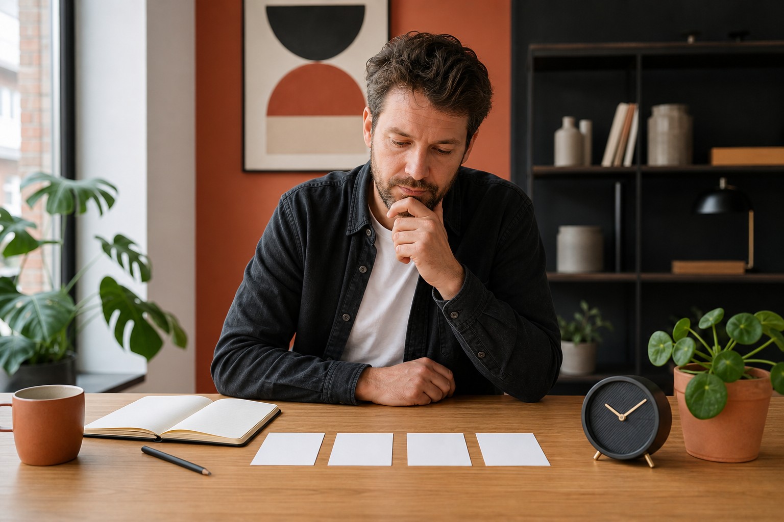 Ondernemer vergelijkt lege keuzekaarten op een houten werktafel
