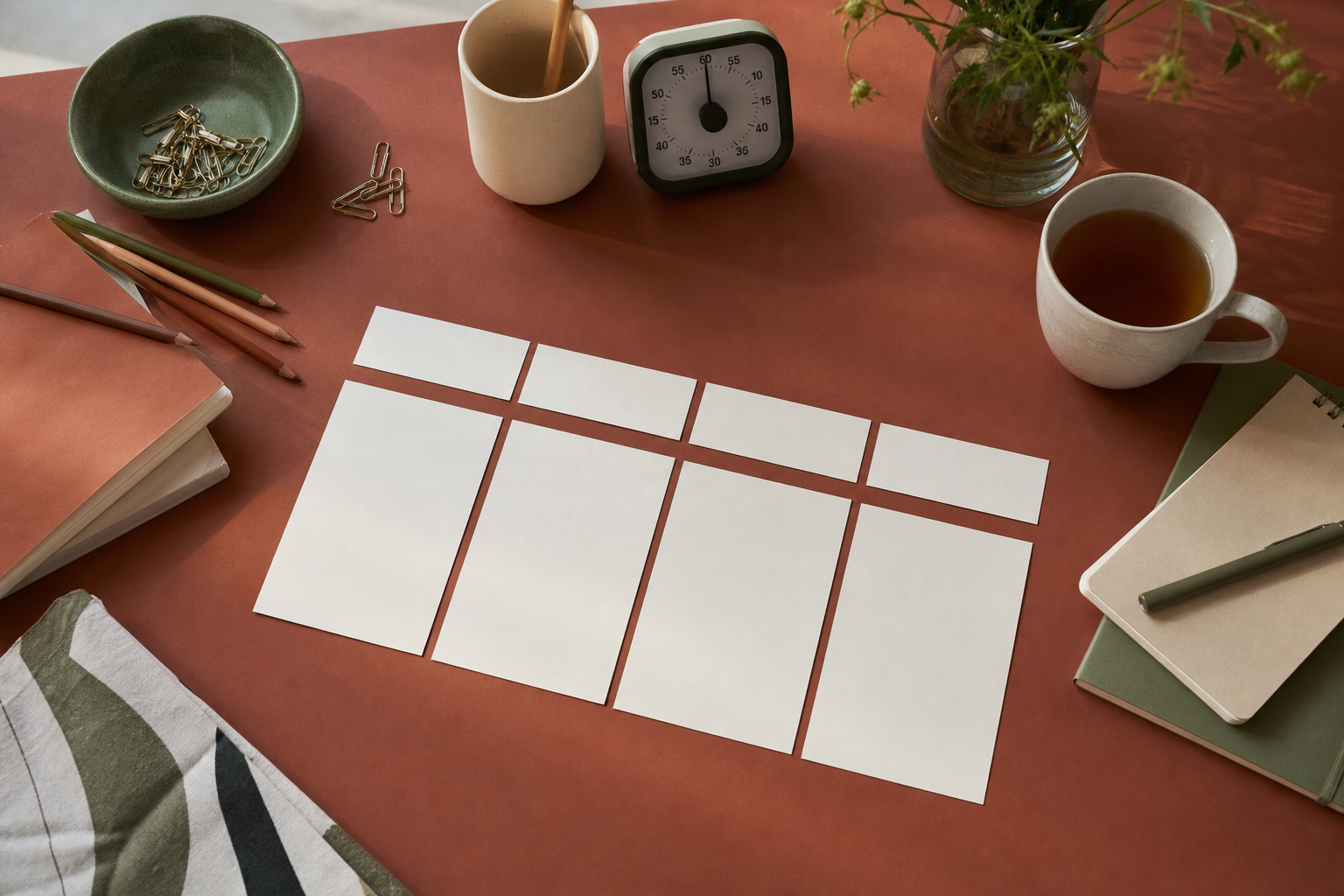 Lege plankaarten, potloden en een kookwekker op een terracottakleurige redactietafel