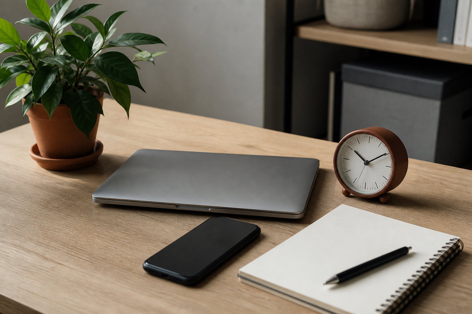 Gesloten laptop, telefoon, klok, plant en leeg notitieboek op een rustige werktafel